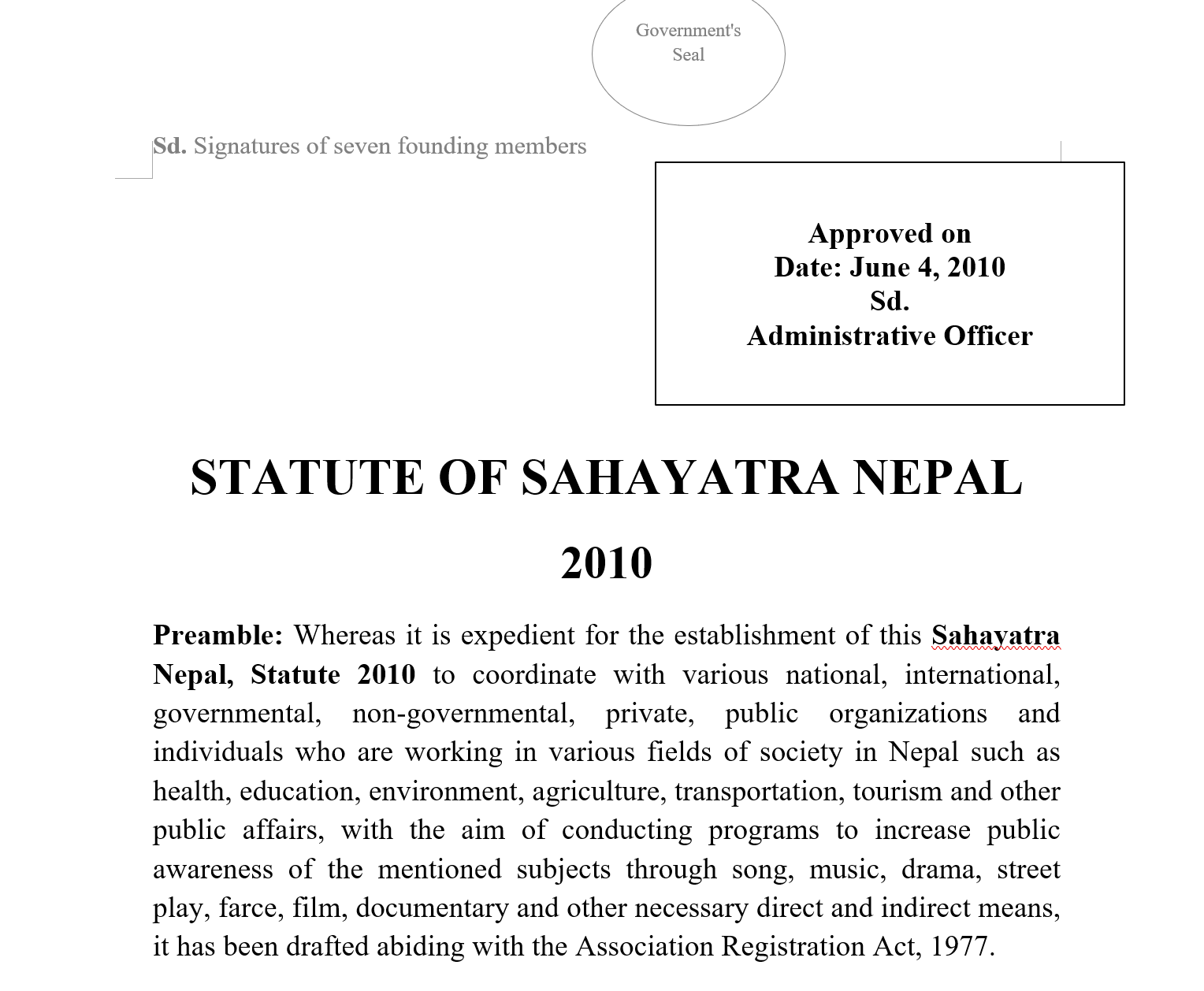 Translation: Statute of Sahayatra