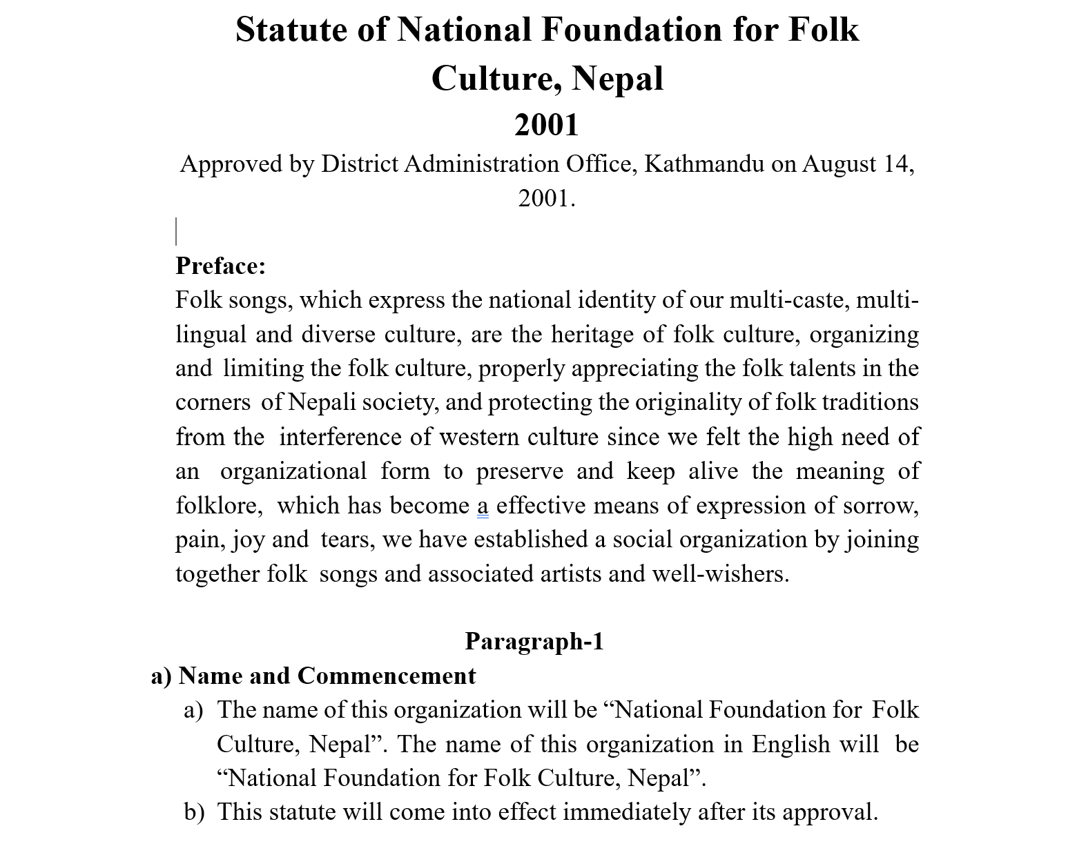 Translation: Statute of National Foundation for Folk Culture, Nepal 2001